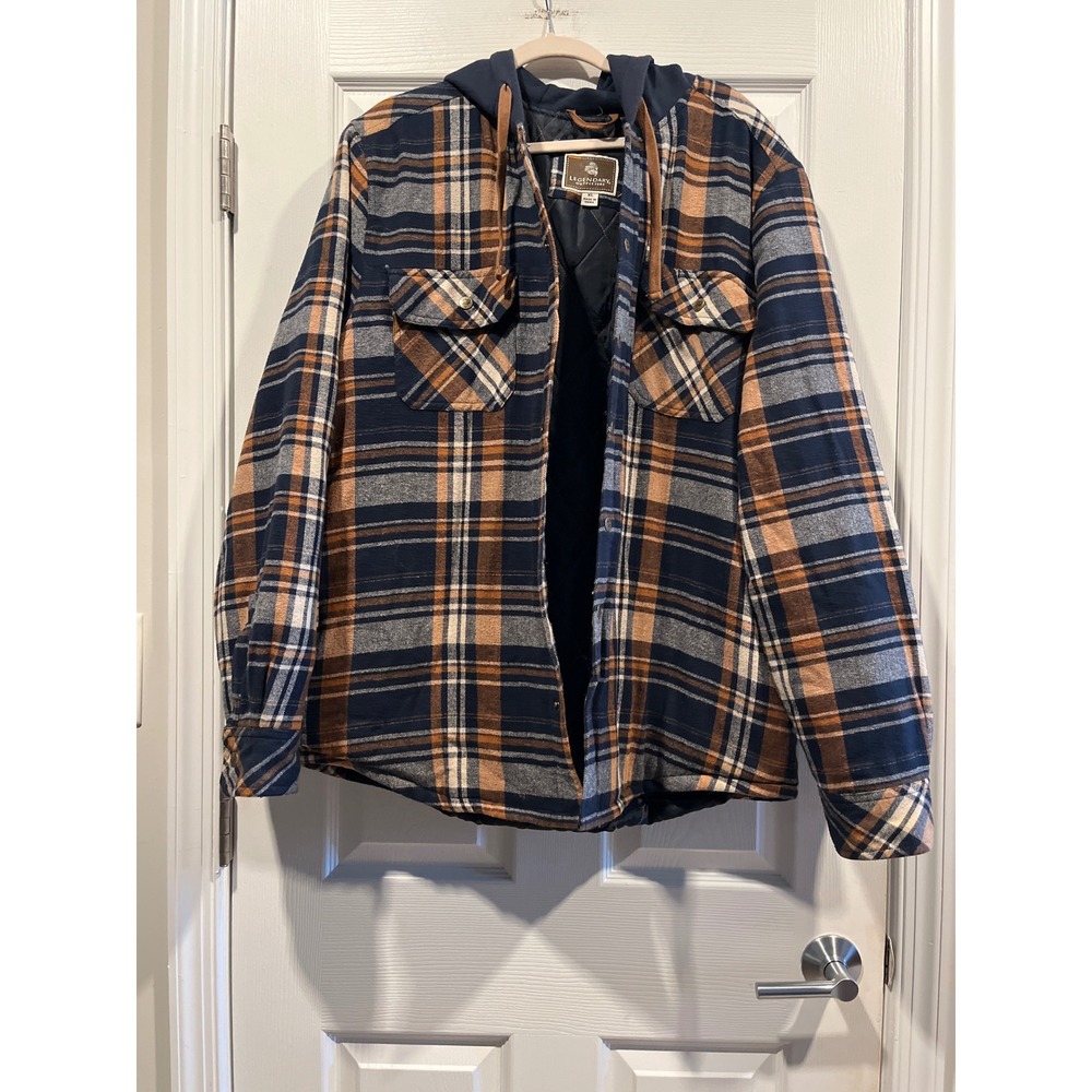Legendary Outfitters Mens XL Plaid Hooded Flannel Shirt Jacket Quilted Blue